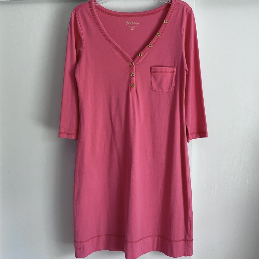 Lilly Pulitzer Palmetto Dress Size M Island Coral Pink Henley V Neck Shirtdress - Picture 3 of 15